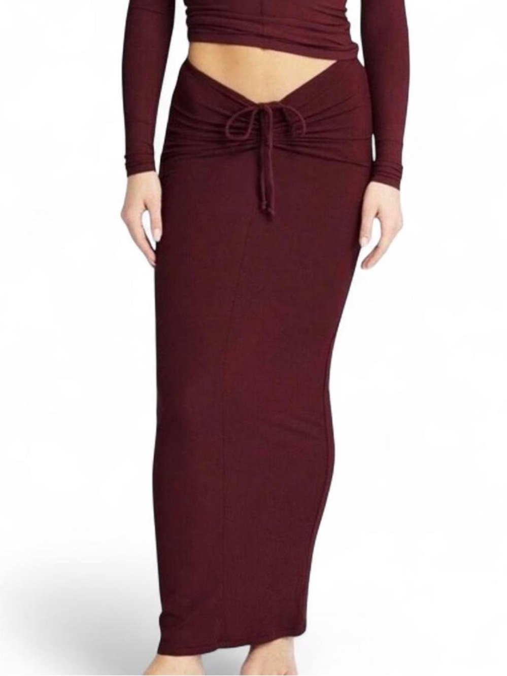 SKIMS Soft Lounge Ruched Bodycon Maxi Skirt In Red Wine